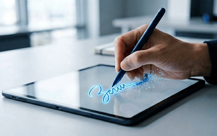 pen drawing digital signature on tablet