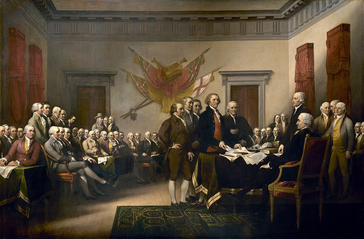 John Trumbull painting called Declaration of Independence that is hanging in the US Capitol rotunda depicting the presentation of the draft document to Congress in June 1776 