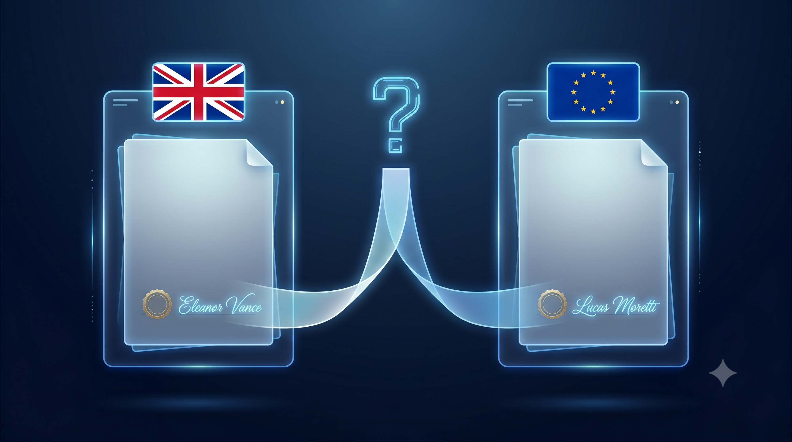 UK flag on left and EU flag on right with a question mark between them