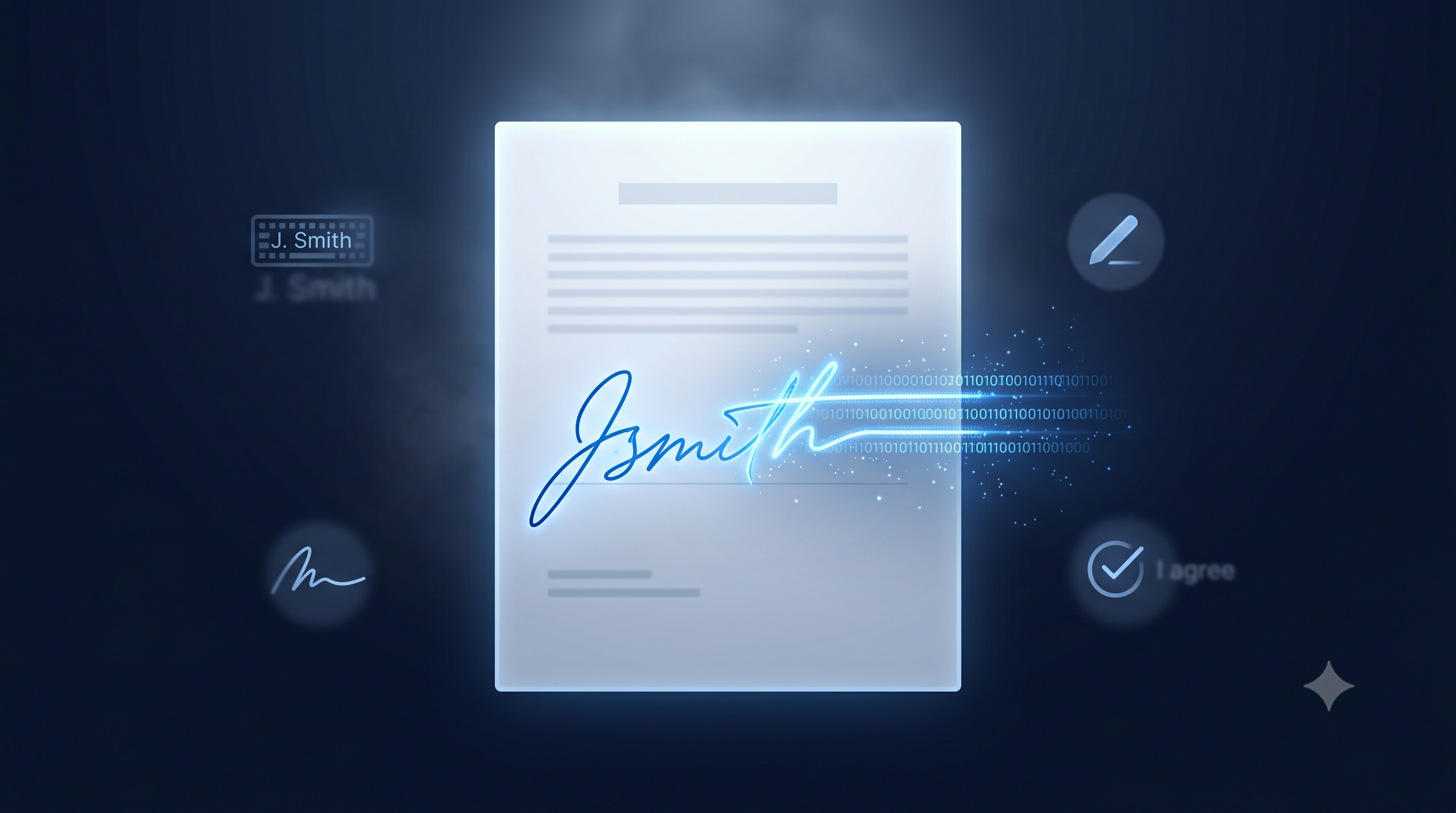 document with digital signature surrounded by glyphs for each type