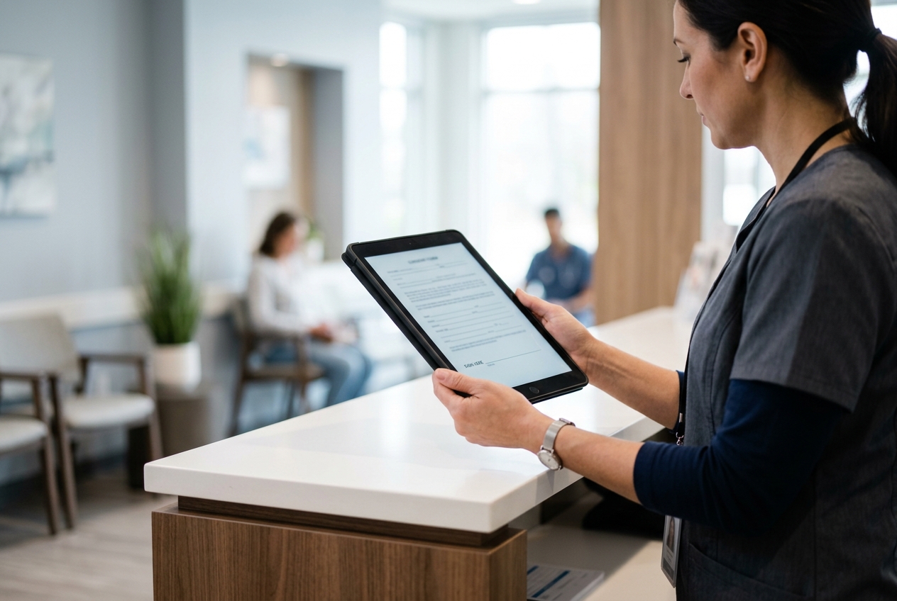 A healthcare administrator holds a tablet showing a consent form ready for a patient to sign.