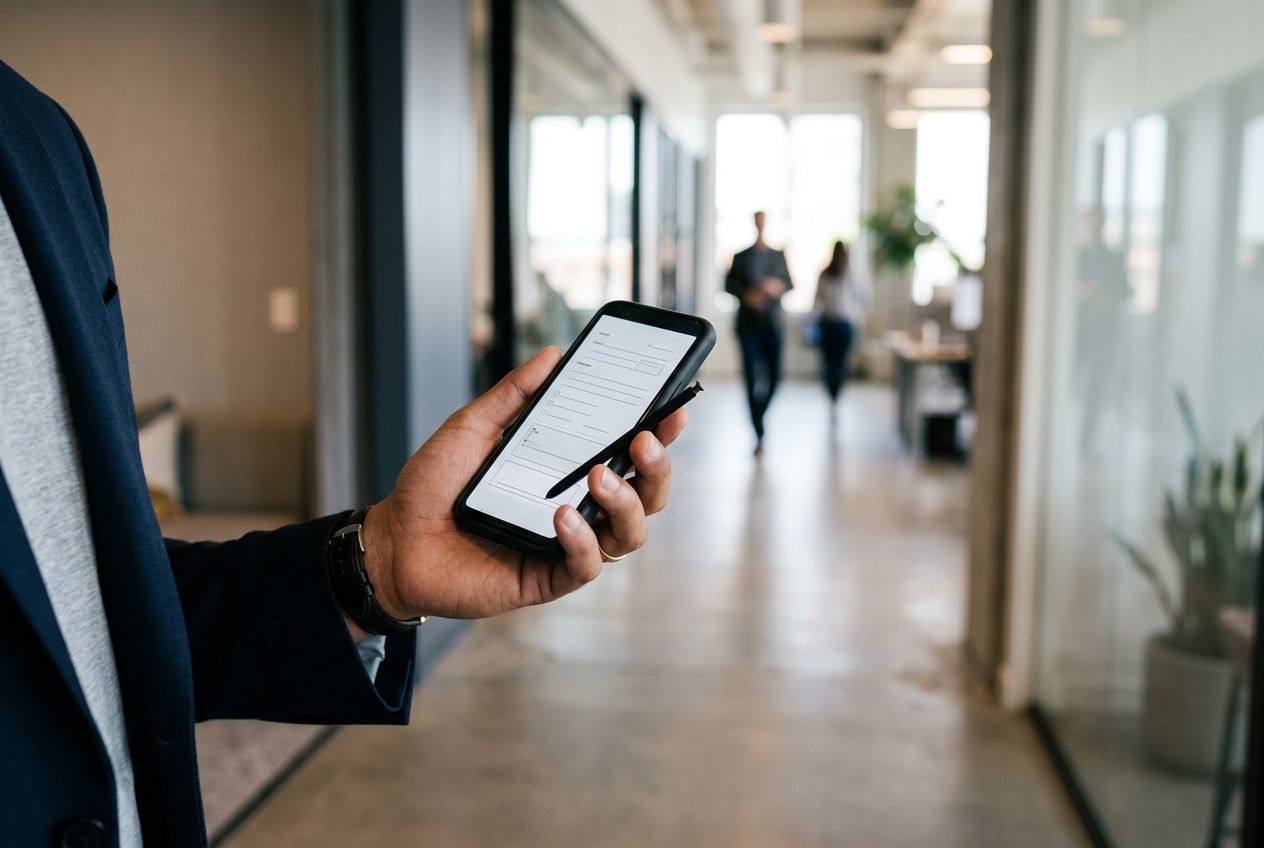 A hand holding a smartphone showing a document ready to sign.