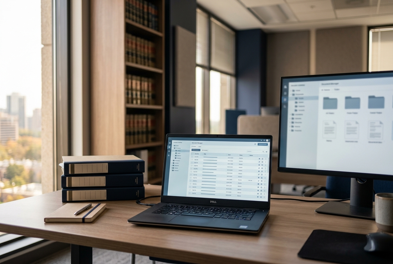 A laptop and second monitor on a desk in a law office, showing a document interface.