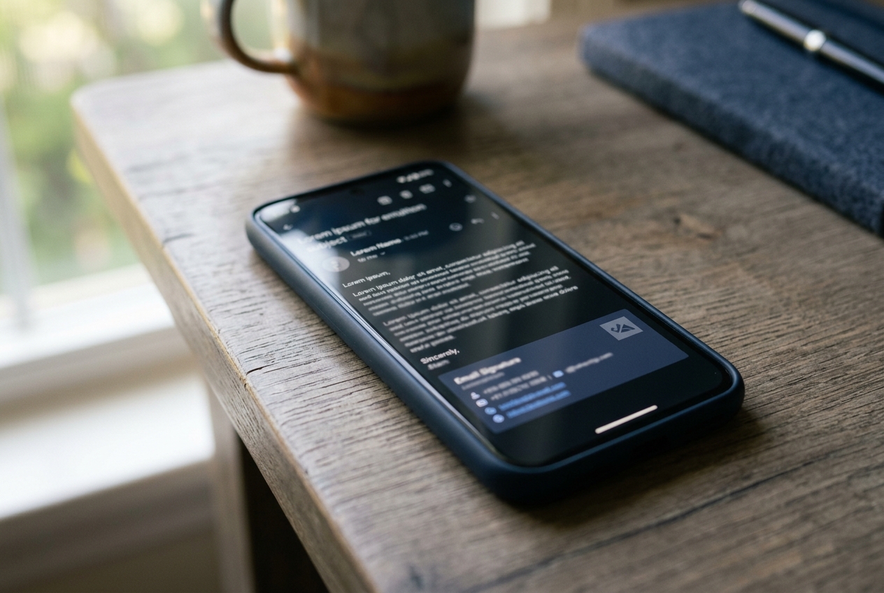 A smartphone on a desk showing an open email inbox.