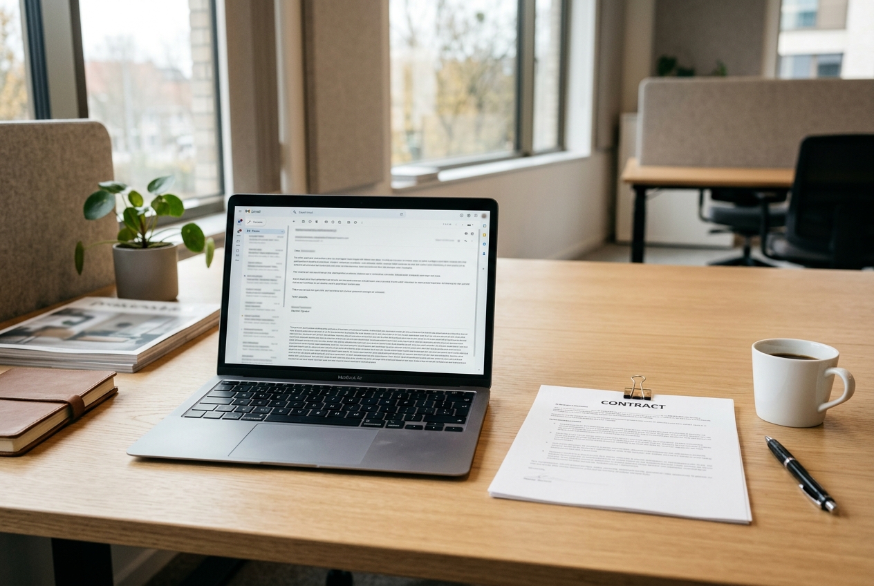 Laptop displaying an email with a disclaimer at the bottom, beside a printed contract and pen.
