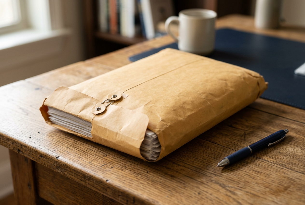 Photograph of a large manila envelope on a desk, stuffed with documents and ready to be posted, with a pen beside it.