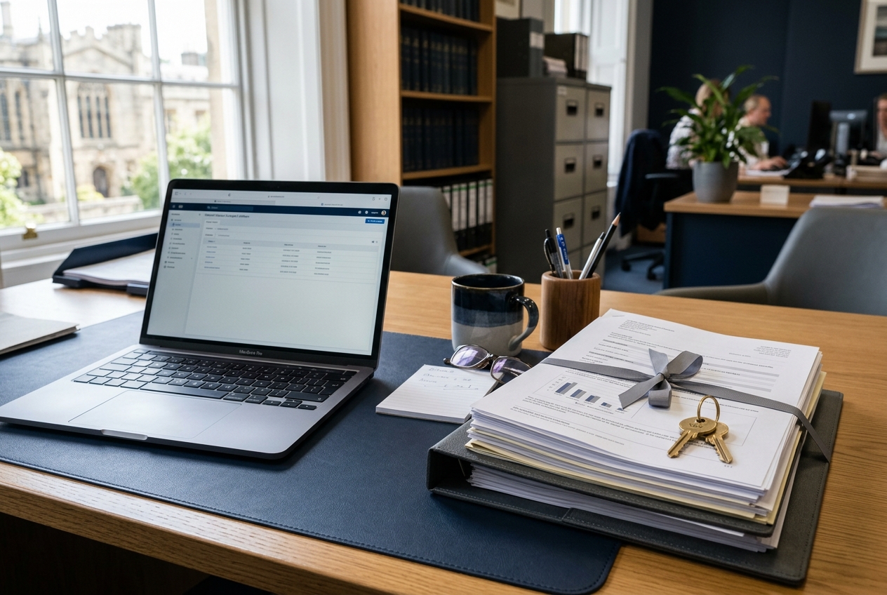 Photograph of a solicitor's desk from above, with a laptop open in the centre and a notepad beside it. A pen rests on the notepad. Clean, organised, professional. Natural daylight, muted navy and warm neutral tones. Shallow depth of field. No people in frame. Editorial photography, realistic, no text or lettering.