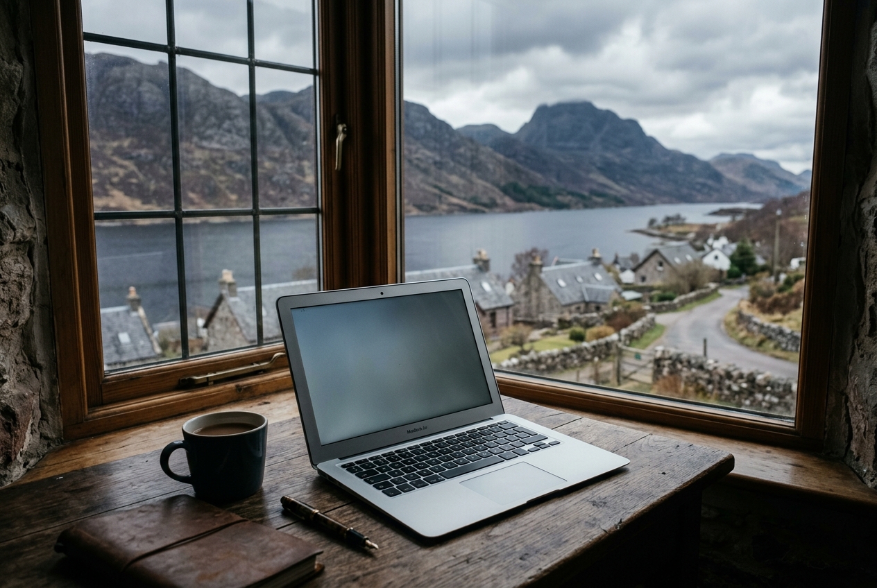 A laptop on a desk beside a window overlooking a Scottish Loch