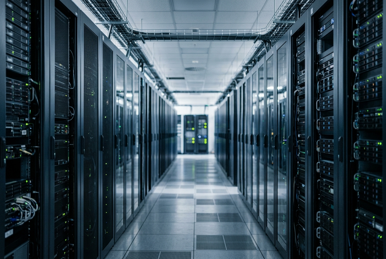A corridor of server racks inside a modern data centre.