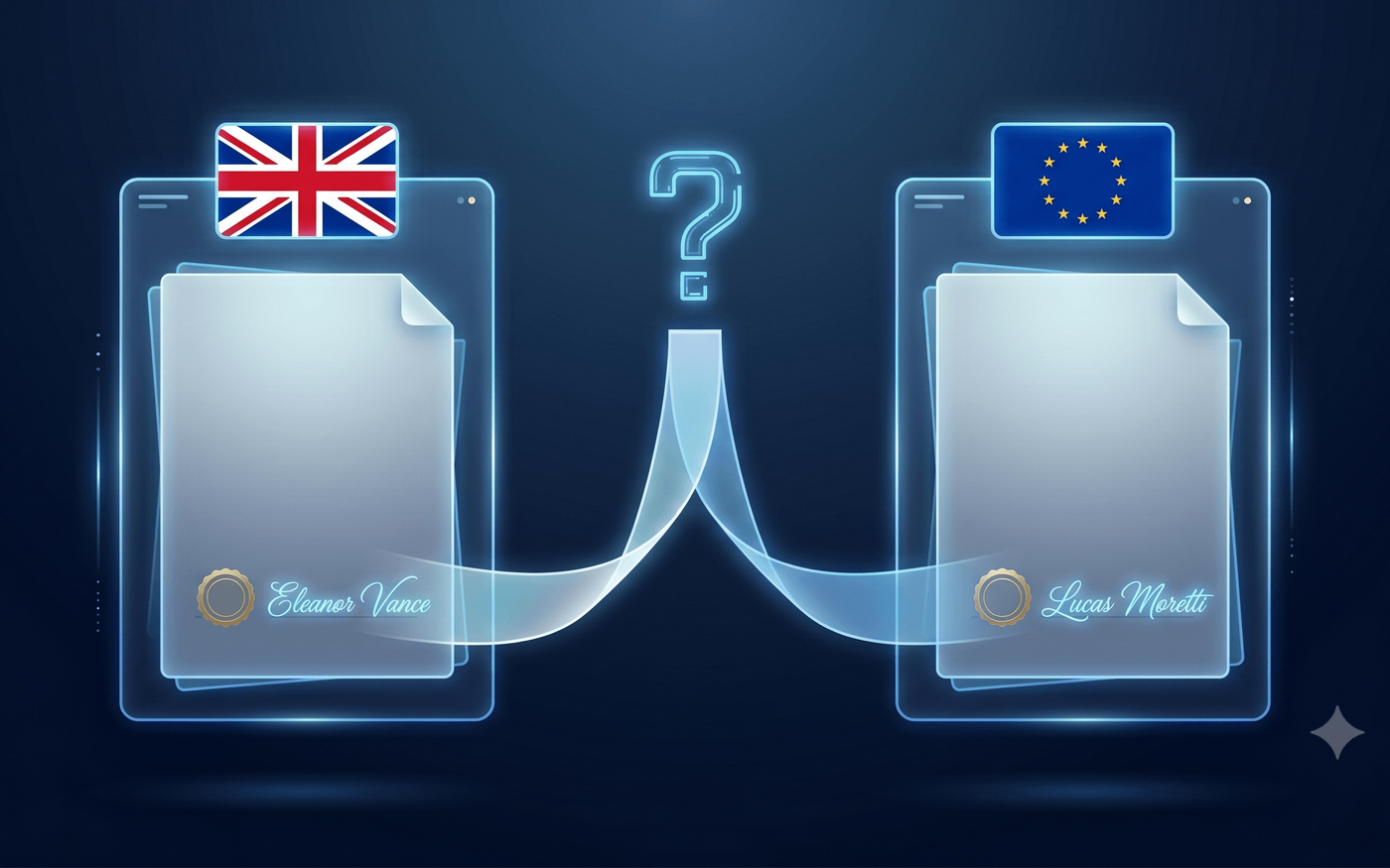 UK flag on left and EU flag on right with a question mark between them