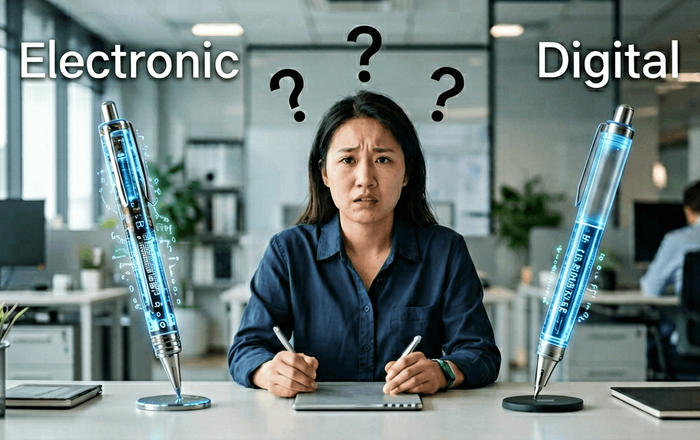 confused lady with electronic and digital signature to either side