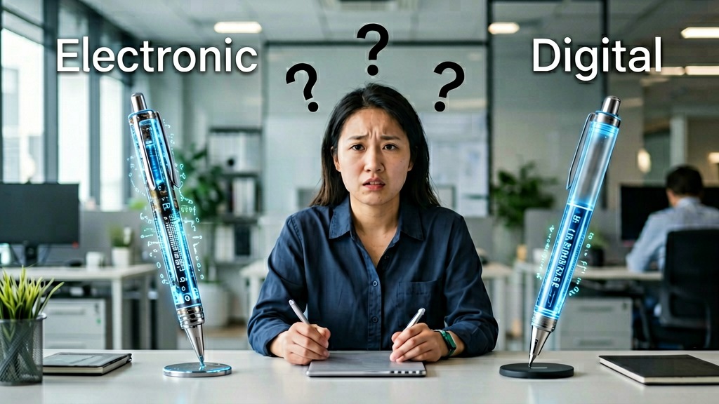 confused lady with electronic and digital signature to either side