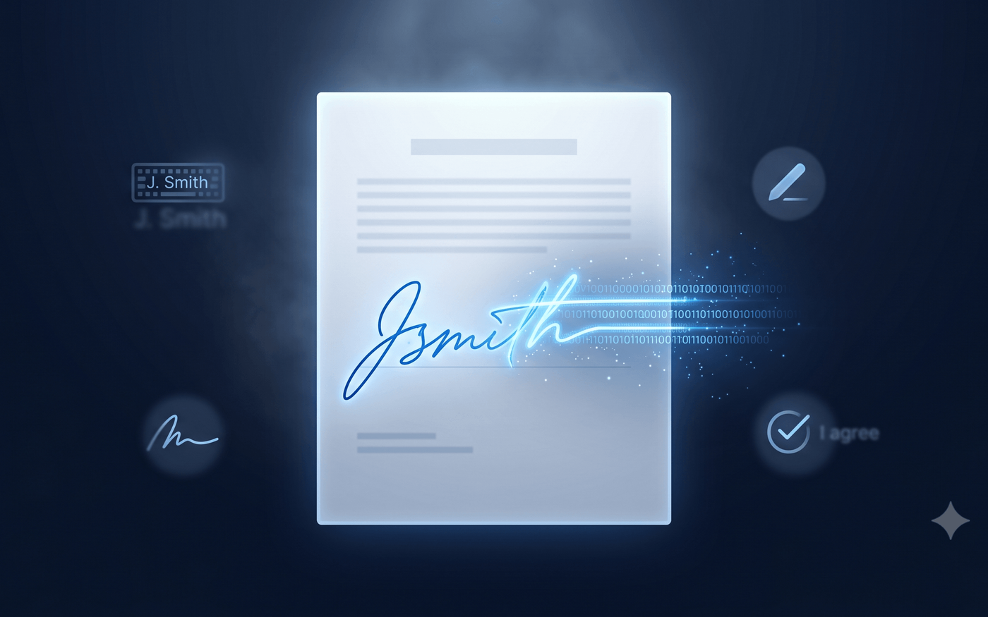 document with digital signature surrounded by glyphs for each type